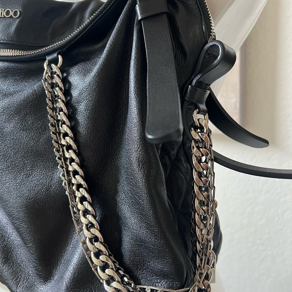 Jimmy Choo Black Quilted Shoulder Bag EUC 11x16x6 silver accent chains charms - Picture 10 of 15